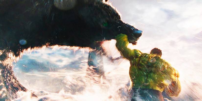 Hulk lutando contra Fenrir em Thor: Ragnarok