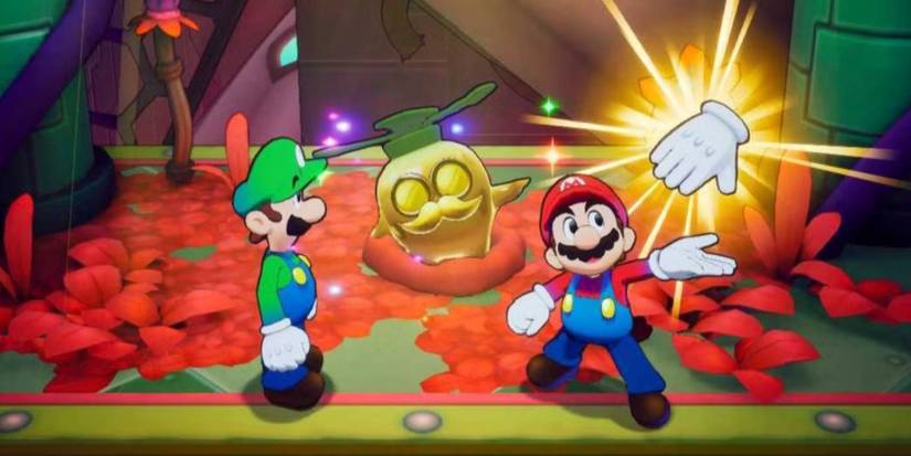 Mario and Luigi Brothership Mario getting Grampy Turnip Gloves gear item as a reward
