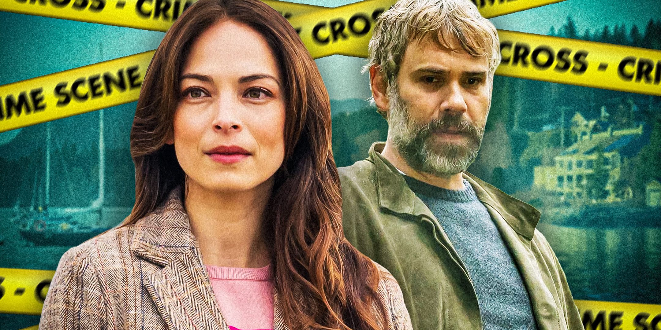 Кассандра и Карл из "Убийство в маленьком городке" перед пейзажем маленького городка