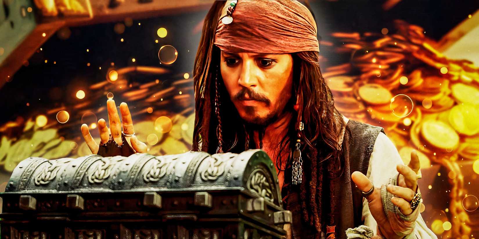 Jack Sparrow opening a treasure chest with a pile of gold behind him