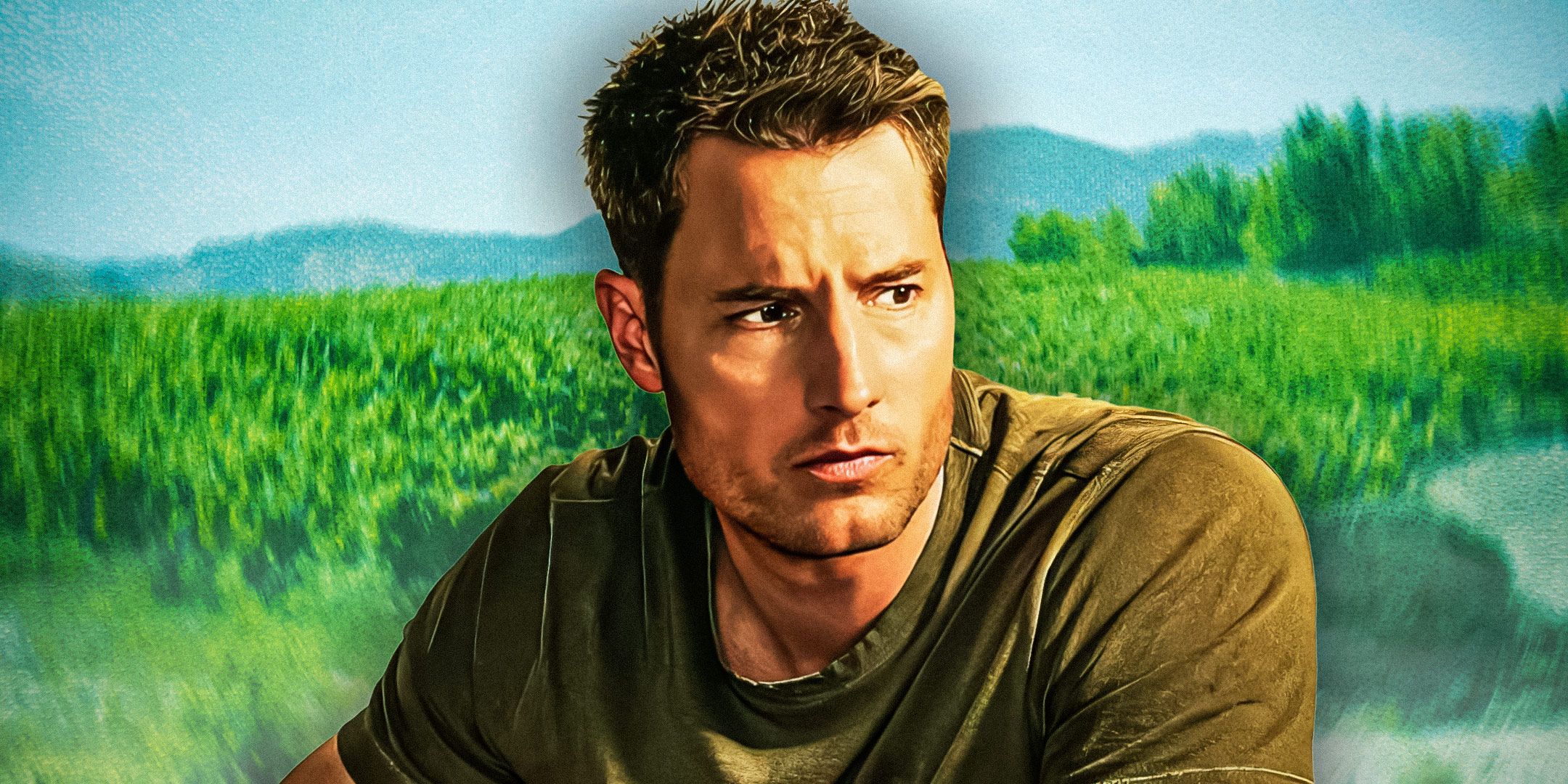 A custom image of Justin Hartley in tracker with a background showing grass and mountains behind him