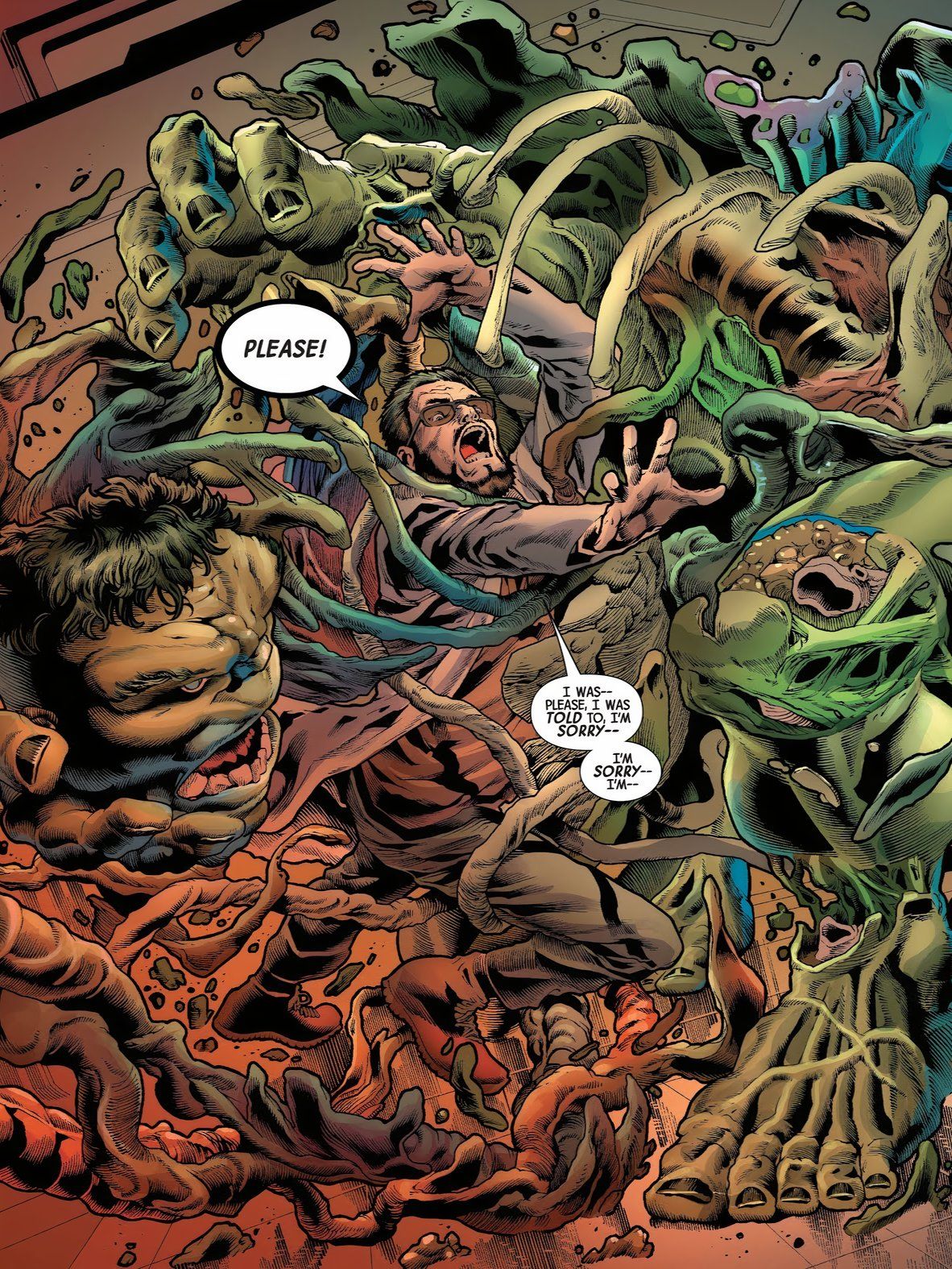 The Hulk grows around a man.