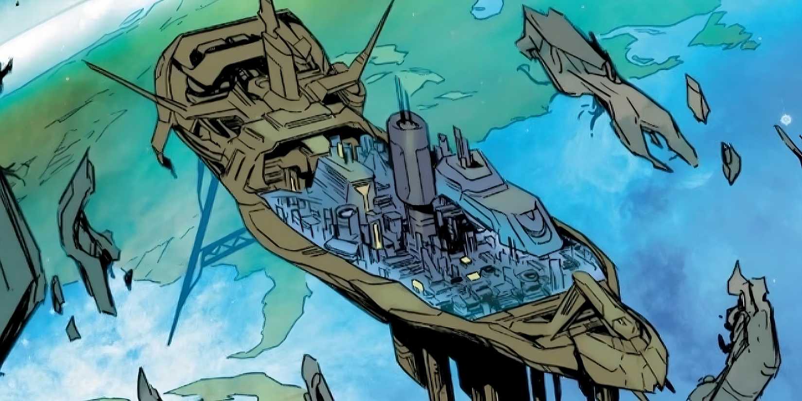 The Avengers' Impossible City floats above Earth.