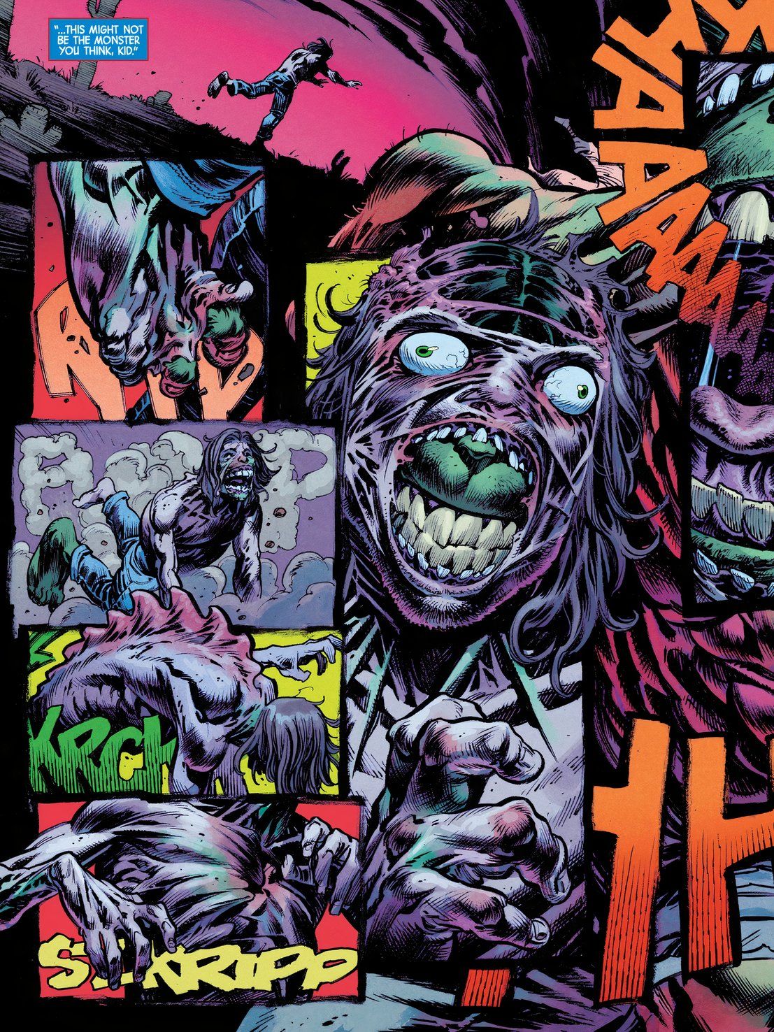 Bruce Banner violently transforms into the Hulk.