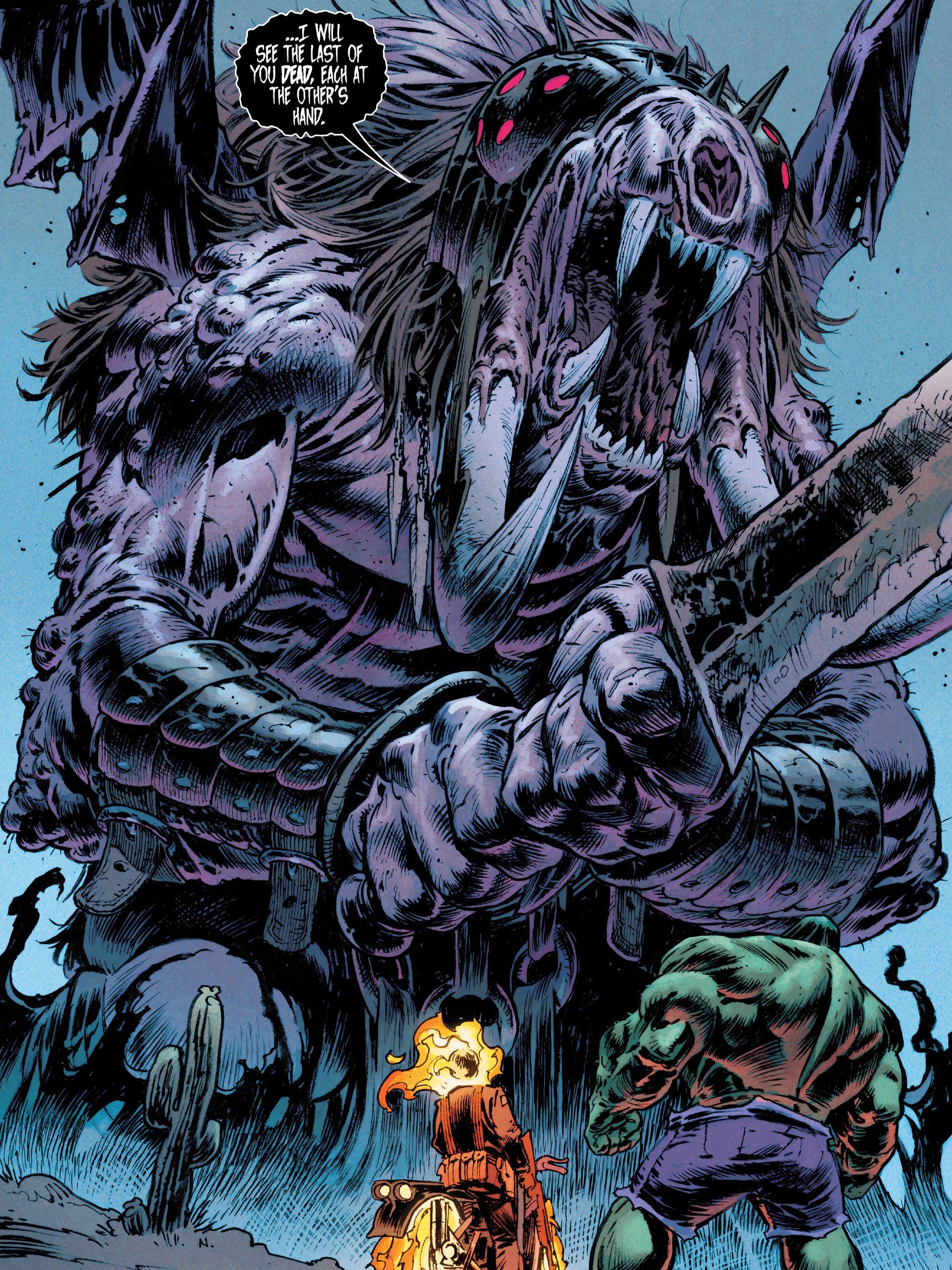 Hulk and a Ghost Rider face off against a gargantuan monster.