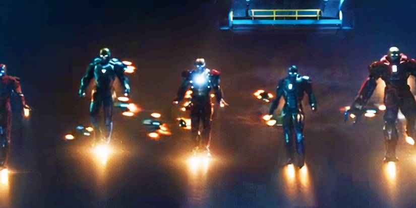 Homem de Ferro e sua legião de armaduras lutando em Homem de Ferro 3