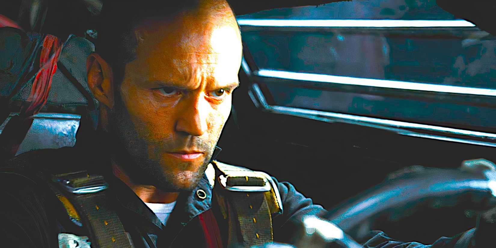 Jason Statham looks intently forward while driving a race car in Death Race