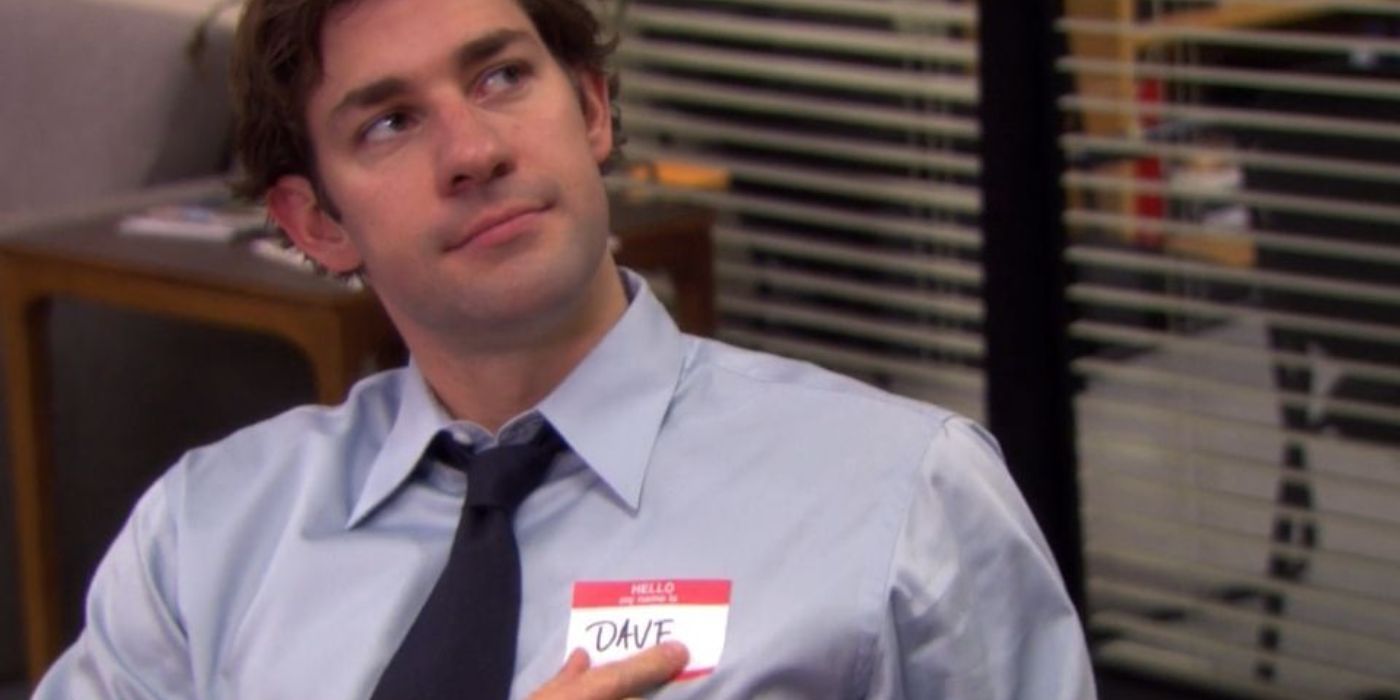 Jim wearing a Dave name tag as a Halloween costume in The Office