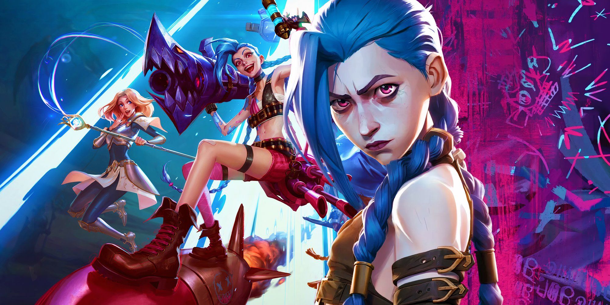 Jinx looking angry in Arcane (2021-2024) next to artwork from League of Legends