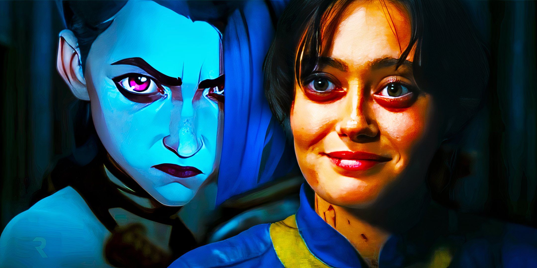 Jinx looking angry in Arcane next to Ella Purnell smiling as Lucy in Fallout