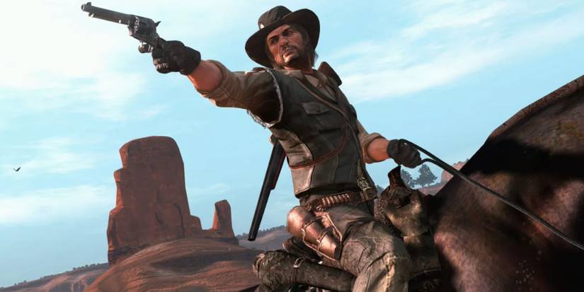 John Marston aiming a pistol while riding a horse in Red Dead Redemption.
