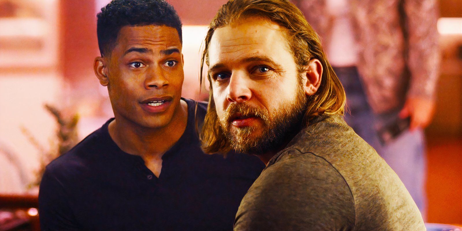 A composite image of Jordan Calloway as Jake and Max Thieriot as Bode in Fire Country season 3 episode 2