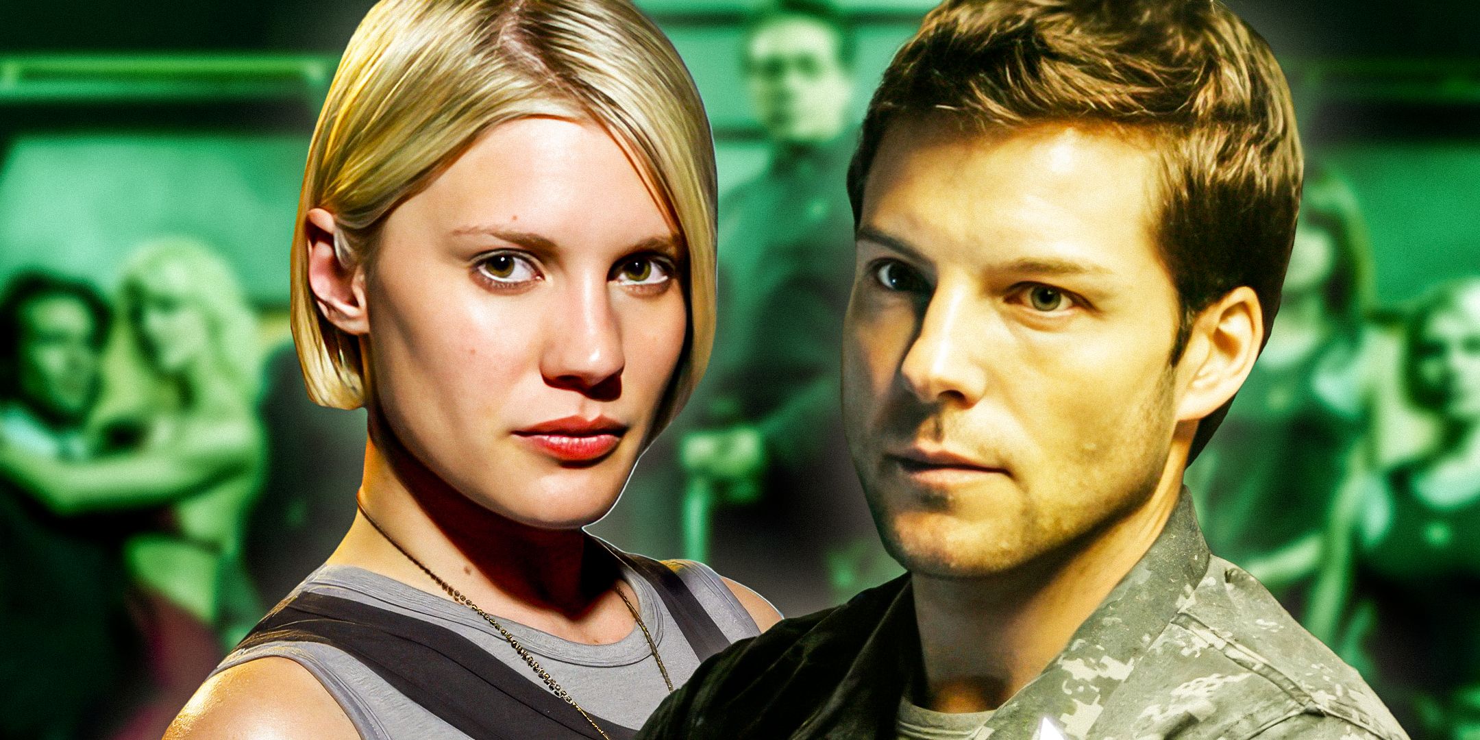 Katee Sackhoff as Kara- Starbuck Thrace and Jamie-Bamber as Lee Adama