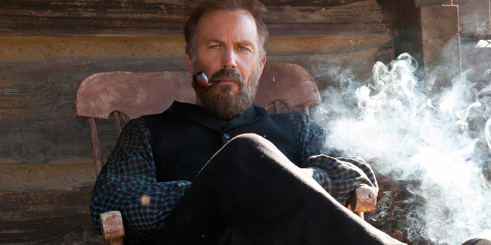 Kevin Costner as William sitting in a rocking chair smoking a pipe in Hatfields & McCoys