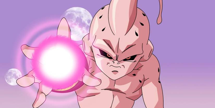 Kid Buu in a fight, preparing a ki blast to attack his opponent. 