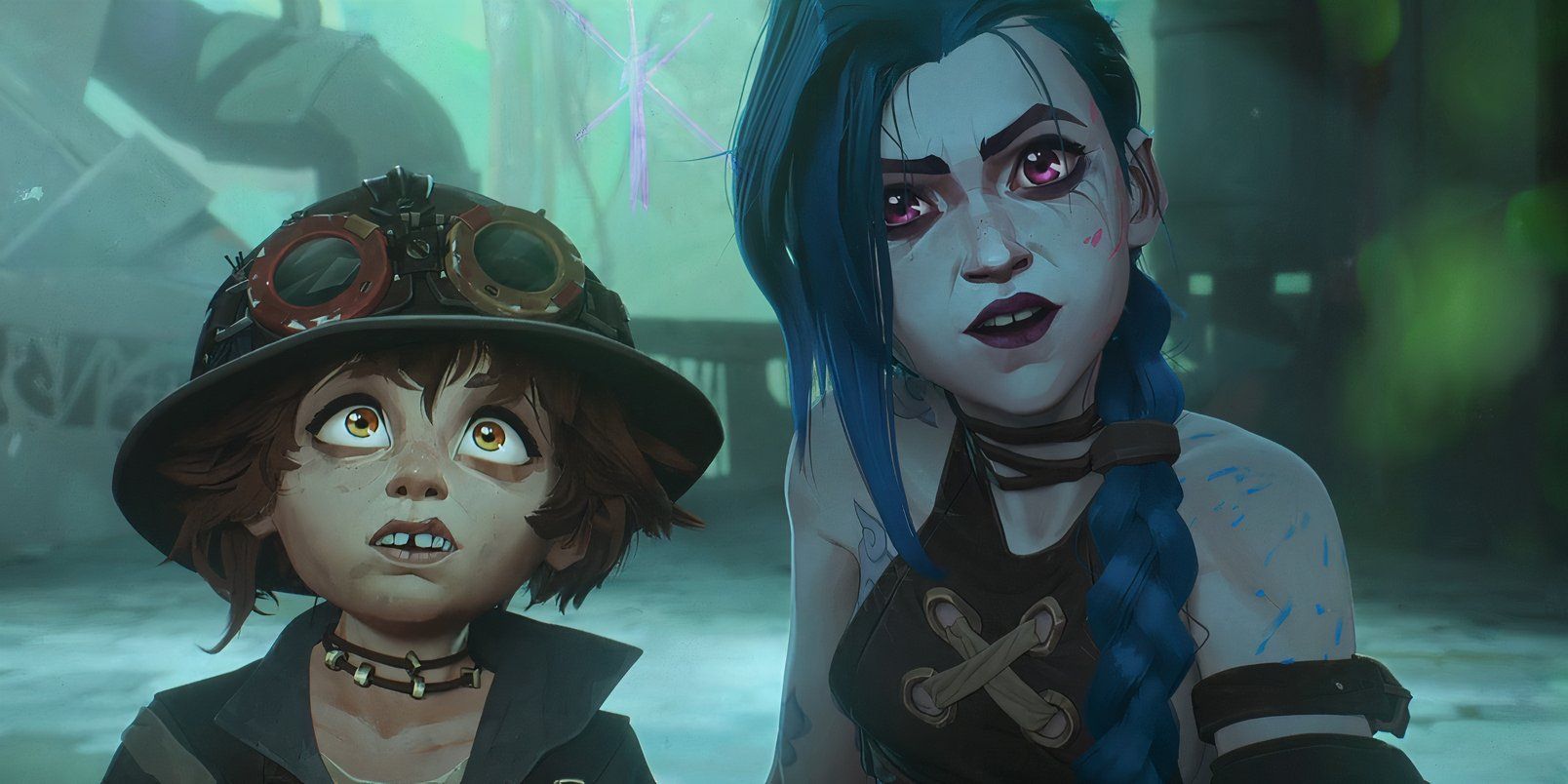 The kid and Jinx sitting next to each other, both with astonished looks on their faces, in Arcane season 2, episode 2