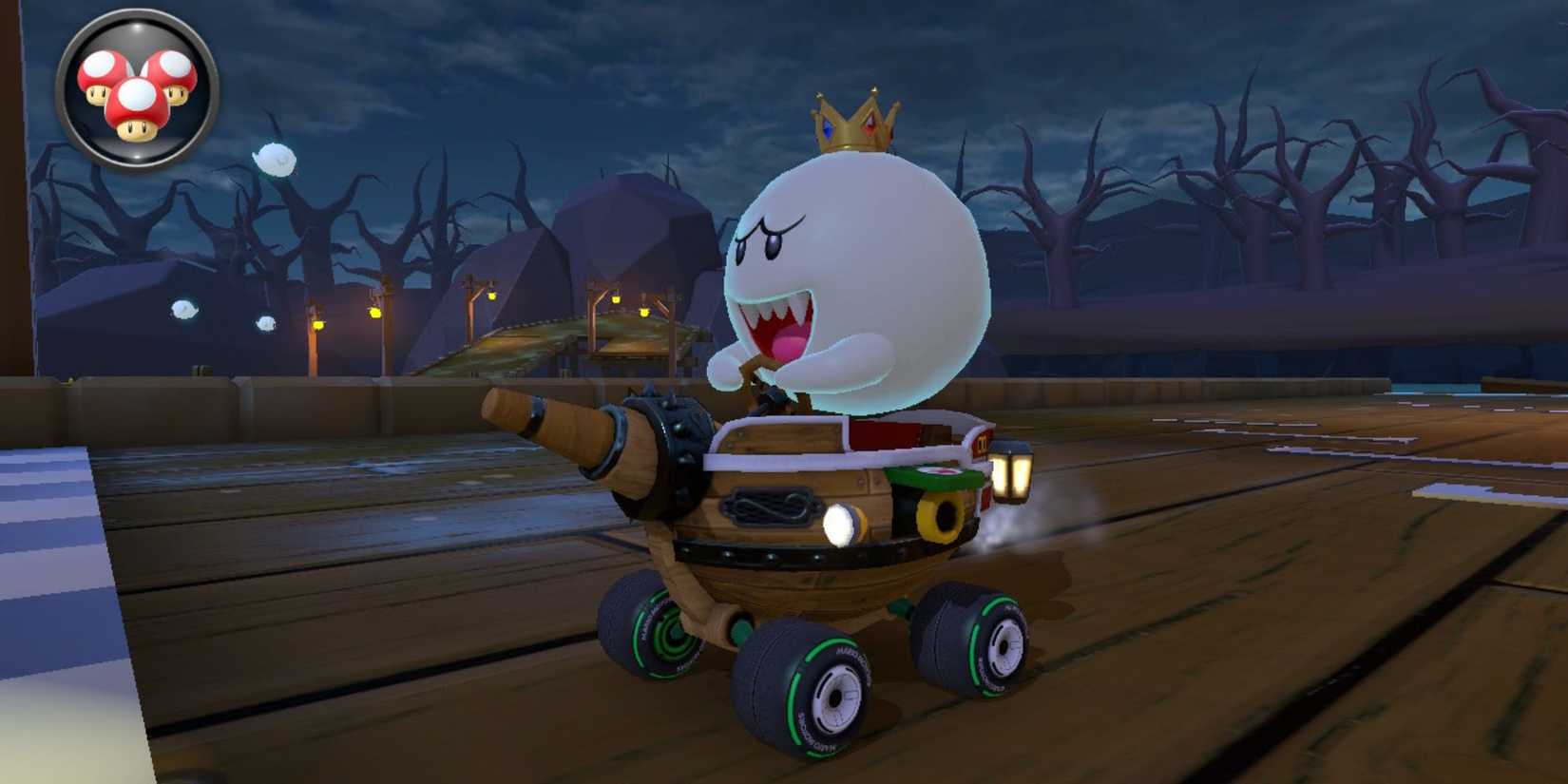 King Boo na linha de largada em Mario Kart 8 deluxe.