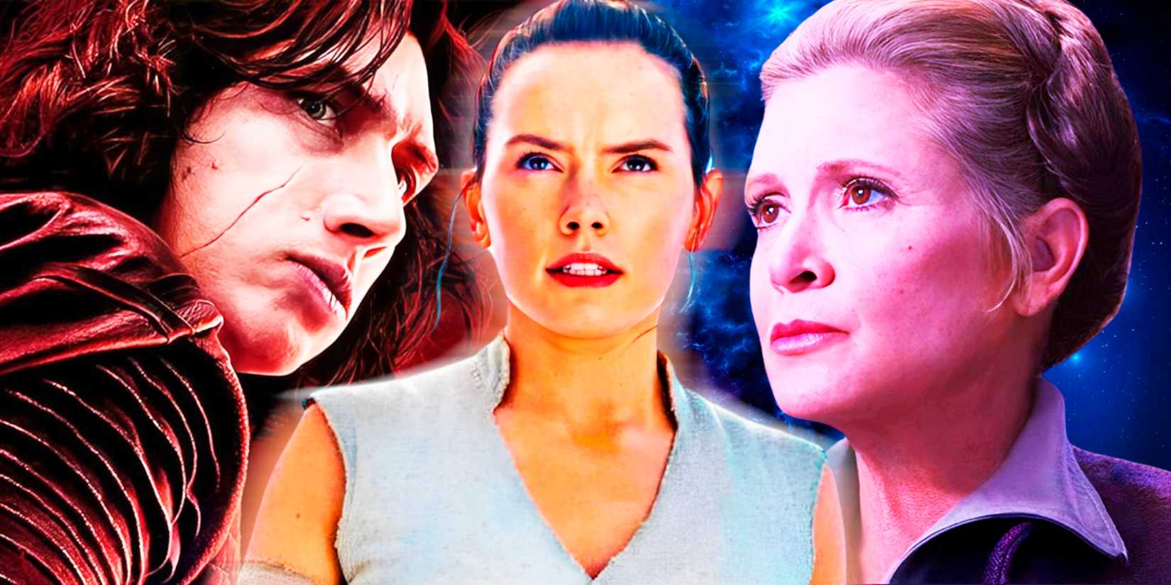 Kylo Ren à esquerda, Leia ao centro e Rey à direita, todos da trilogia sequela de Star Wars