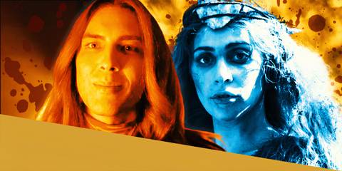 Lady Gaga as Scáthach looking into the camera in AHS- Roanoke, Michael Langdon smiling in AHS- Apocalypse