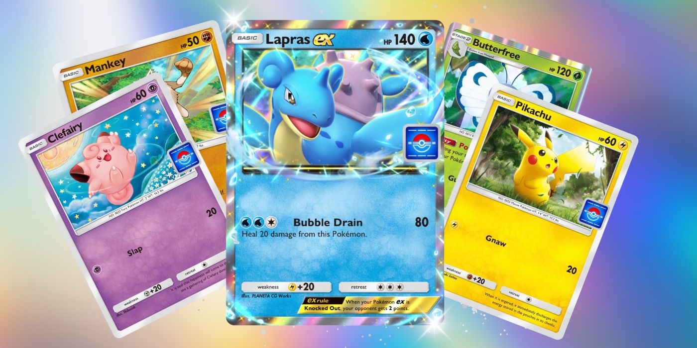 Lapras EX centralizado na frente de outros cartões promocionais, incluindo cartões Mankey, Clefairy, Pikachu e Butterfree do Pokémon TCG Pocket