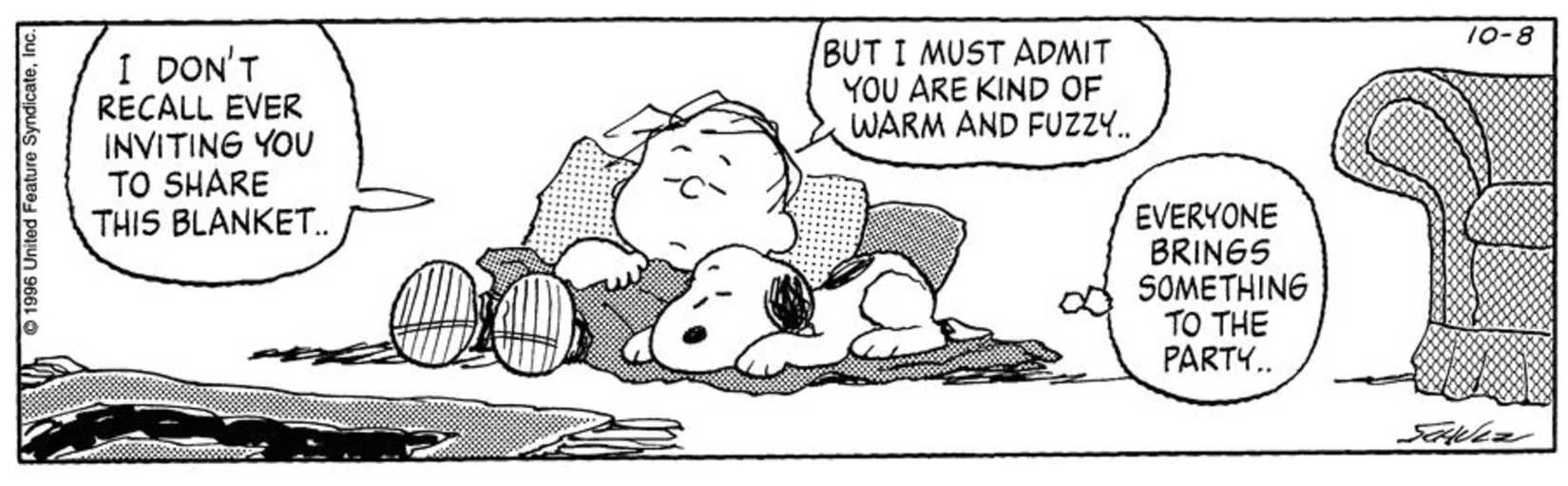  Snoopy and Linus laying with the blanket together,