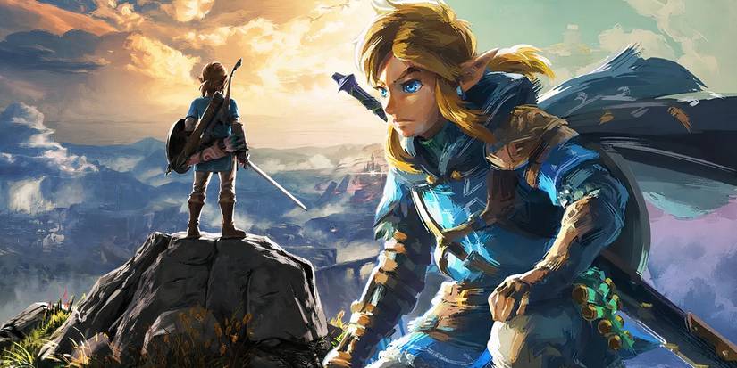 A composite image of Link kneeling and looking intense in front of Link standing on a mountain in Legend of Zelda