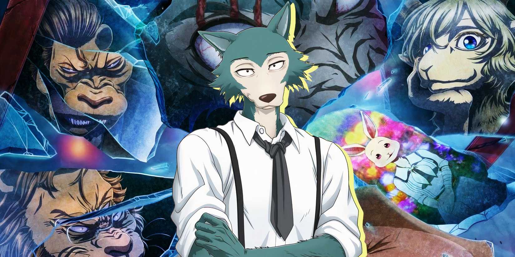 legoshi de Beastars avec le visuel clé de la saison 2 en arrière-plan