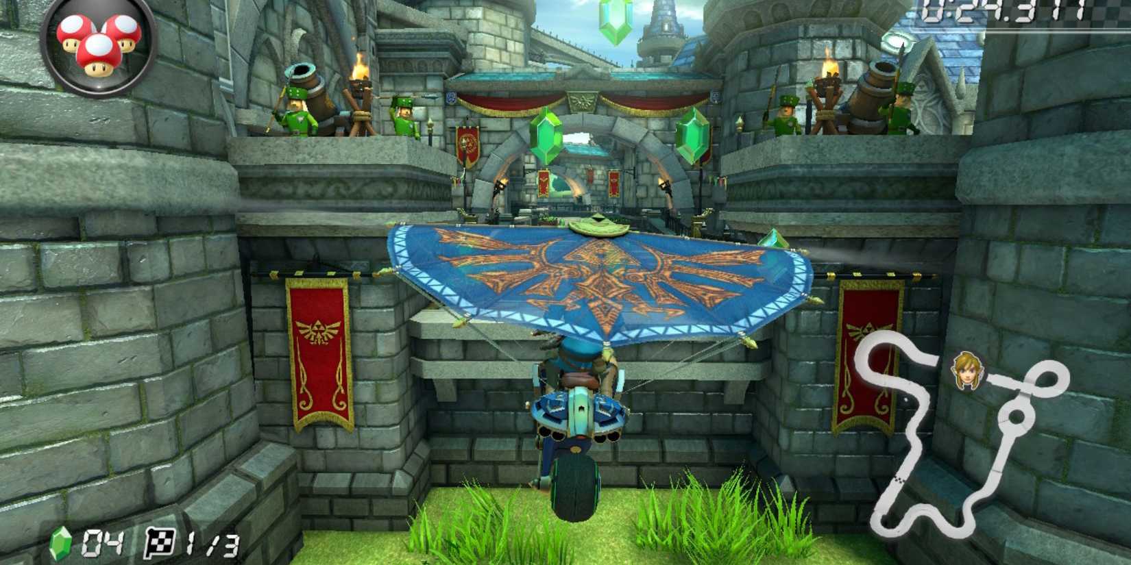 Link voando pelo mapa do Castelo de Hyrule em Mario Kart 8 Deluxe.