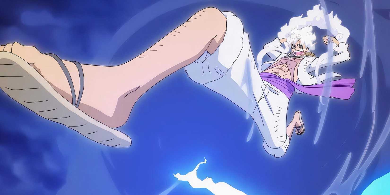 Luffy Gear Five gigante saltando em Onigashima