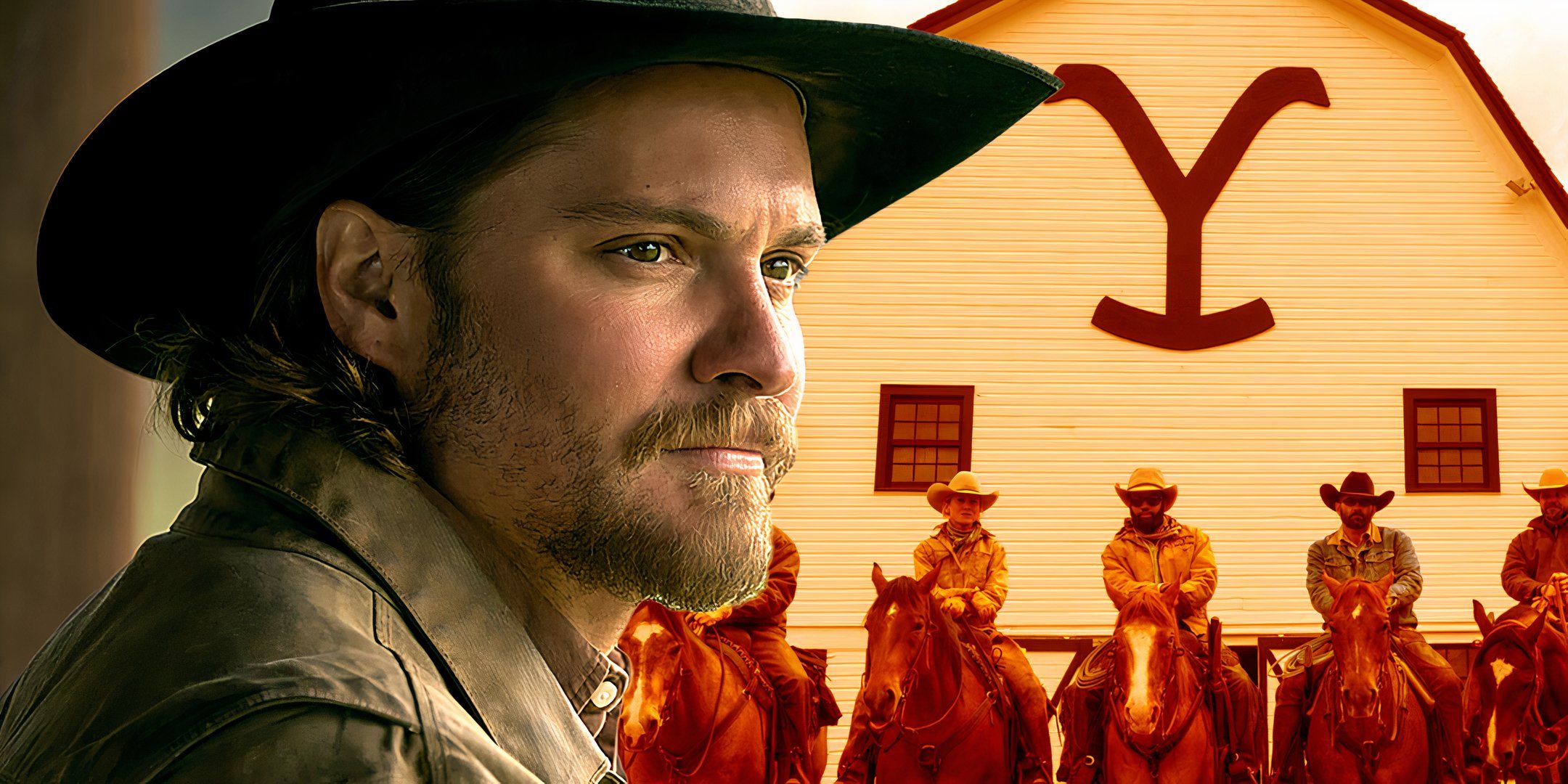 Luke Grimes' Kayce looking contently toward the cowboys in front of the bunkhouse in Yellowstone season 5