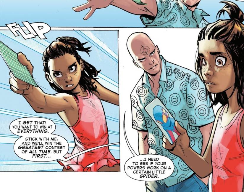 Comic-Panels: Bullseye bietet an, Spider-Girl für den Kampf gegen Spider-Boy und Daredevil zu trainieren