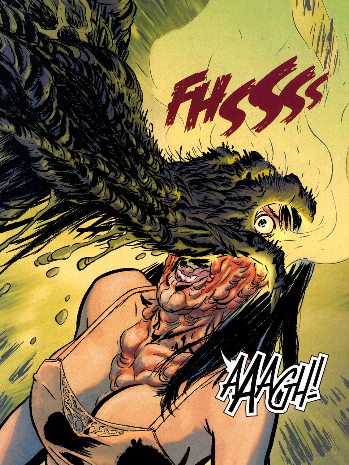 Man-Thing melts a woman's face.