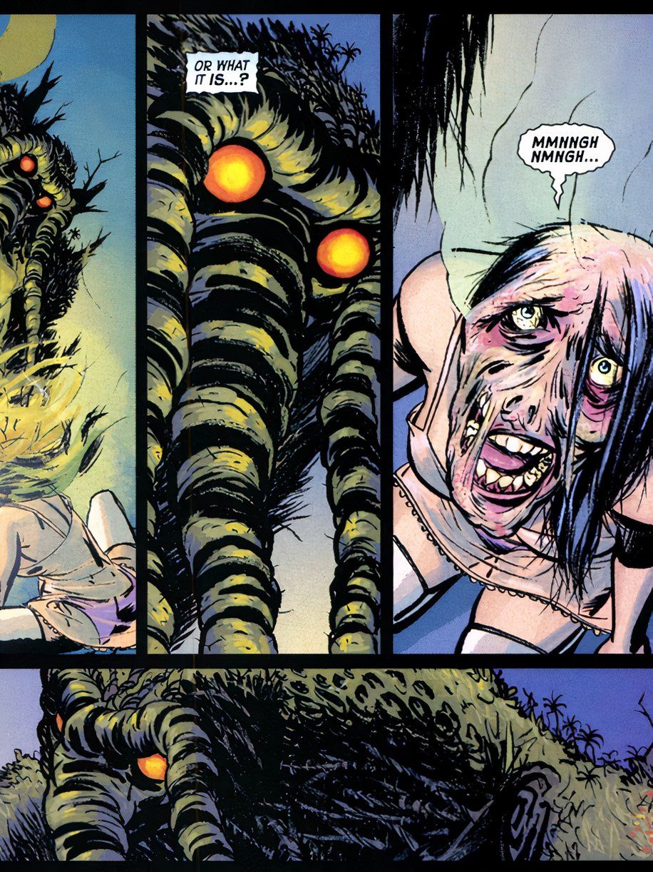 Man-Thing stares at a woman's melted face.