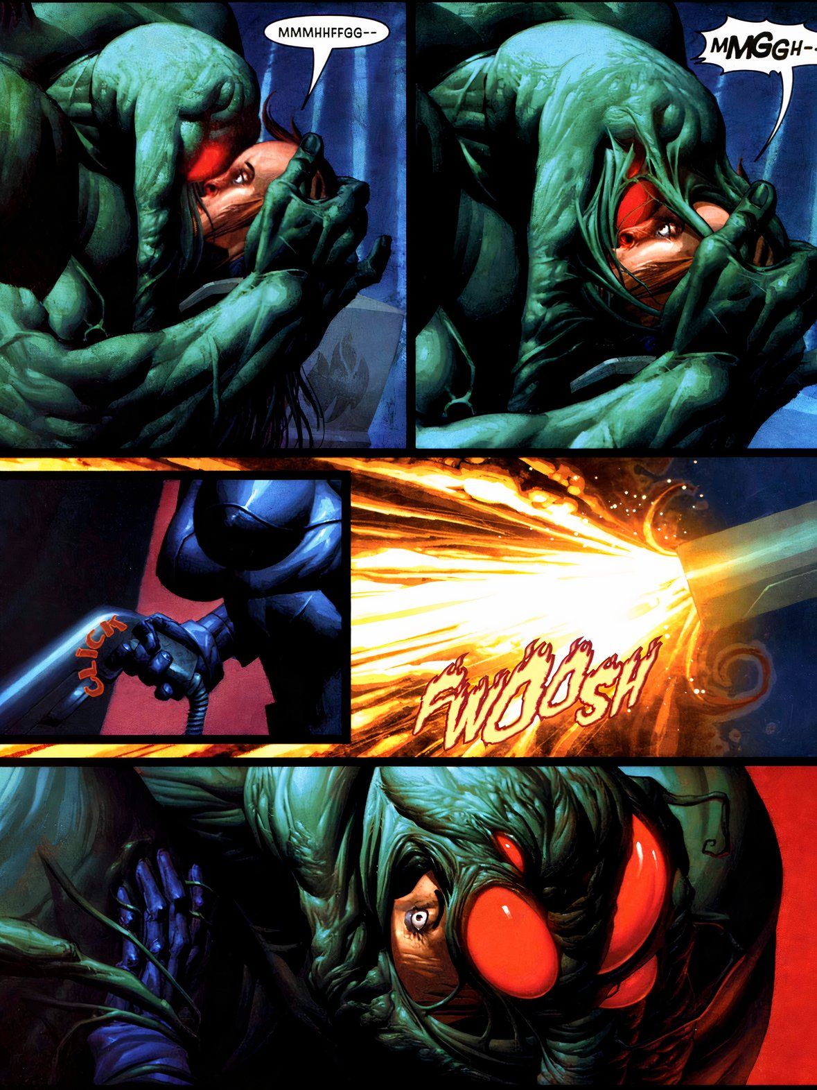Man-Thing absorbs a woman.