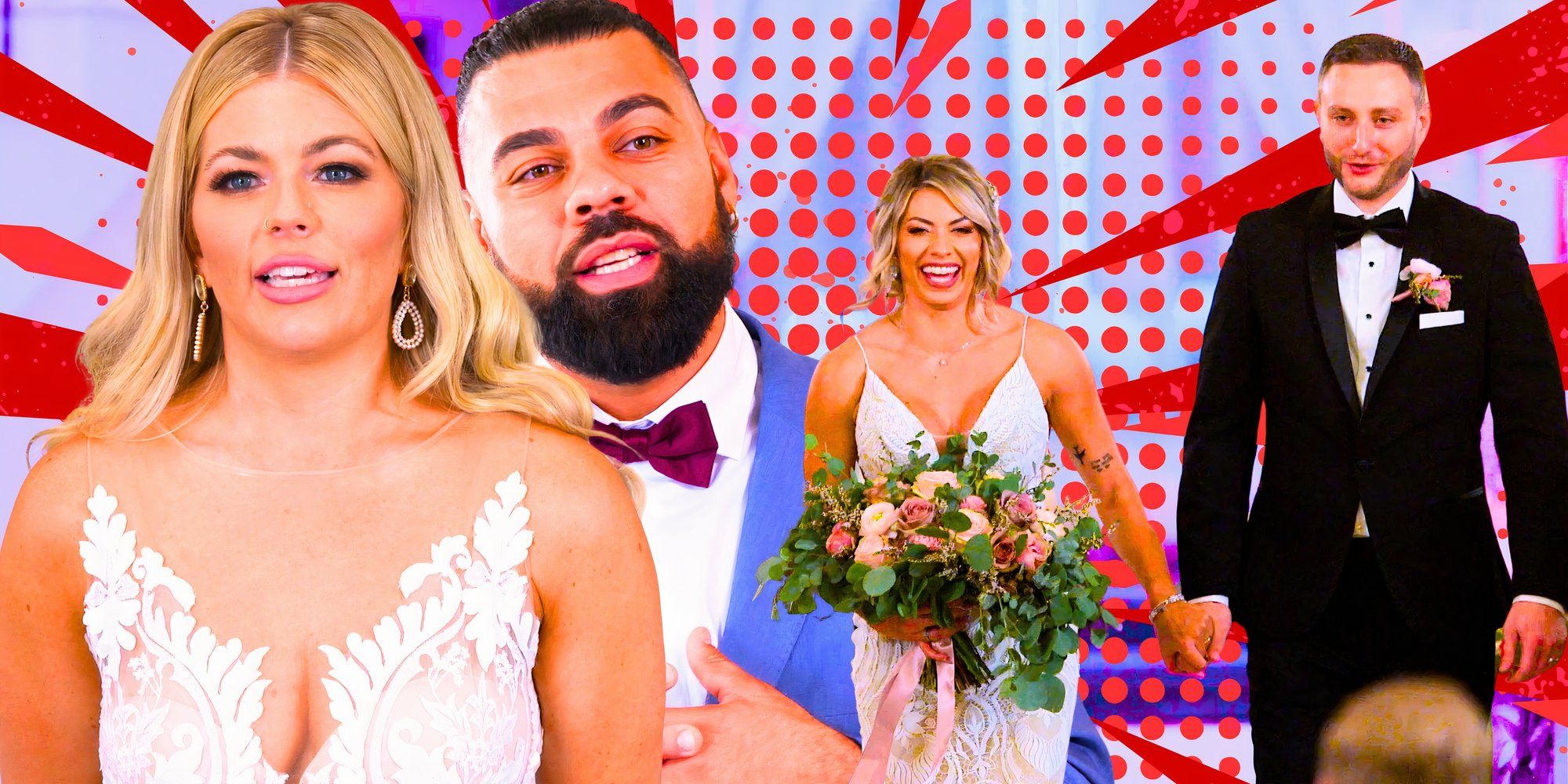 married at first sight 18 cast members david and michelle in wedding themed montage with dotted background