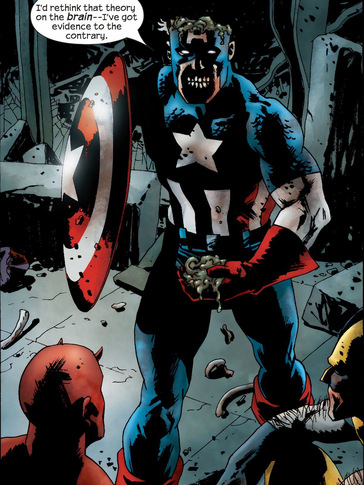 Zombie Captain America holds his brains.
