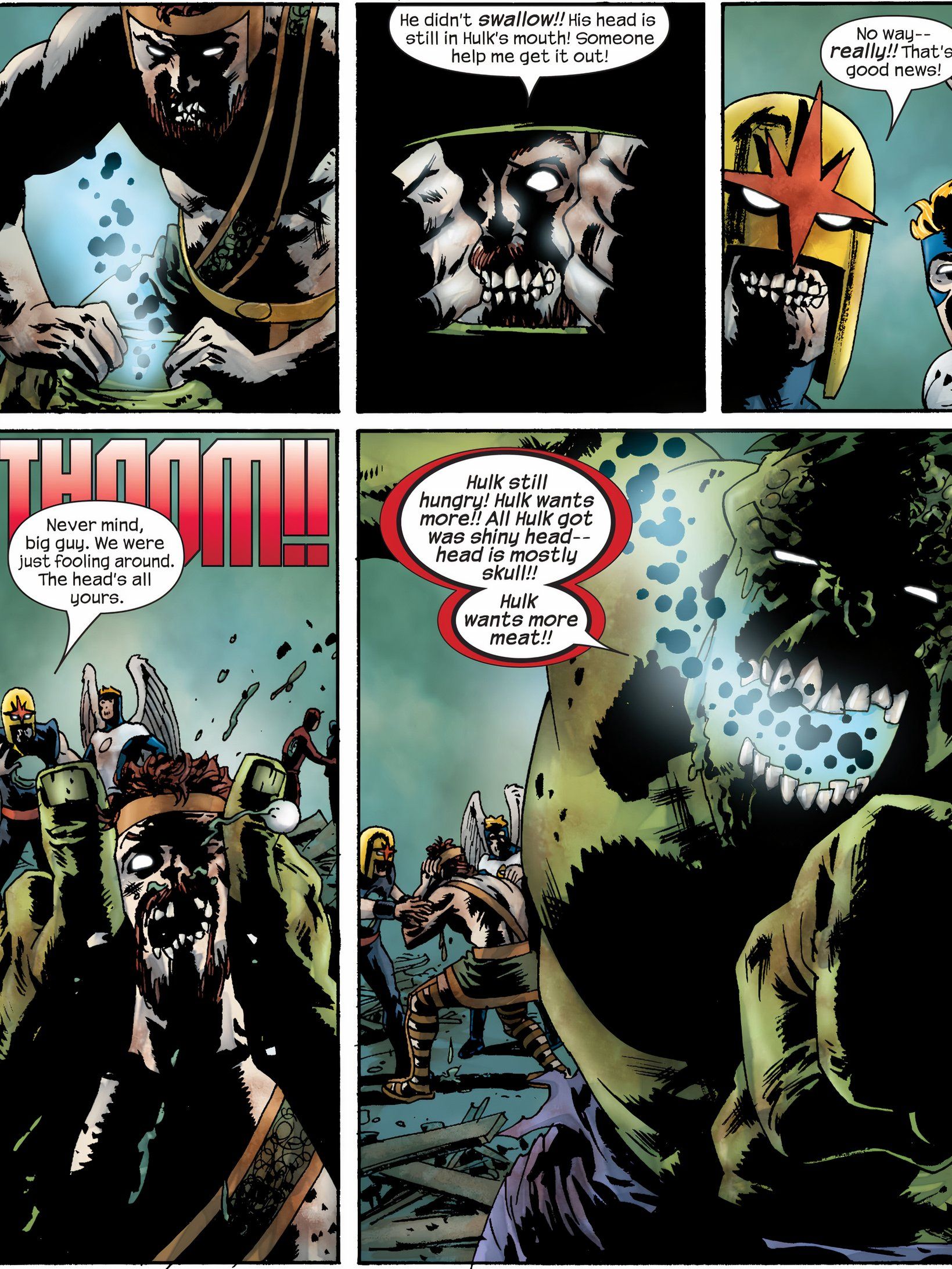 Zombie Hulk crushes Hercules's head.
