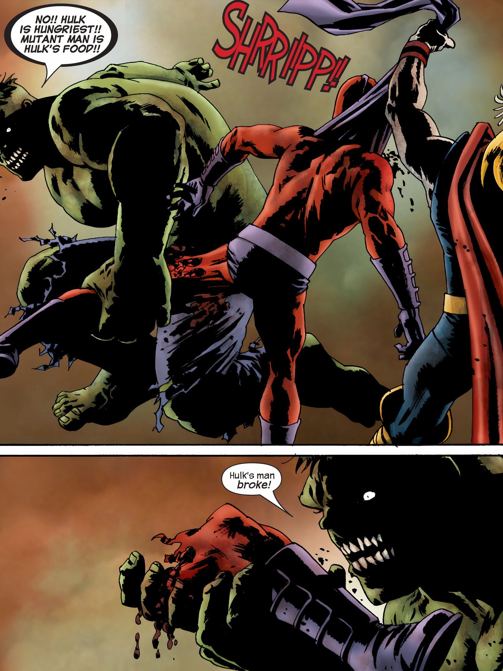 Zombie Hulk eats Magneto's leg.