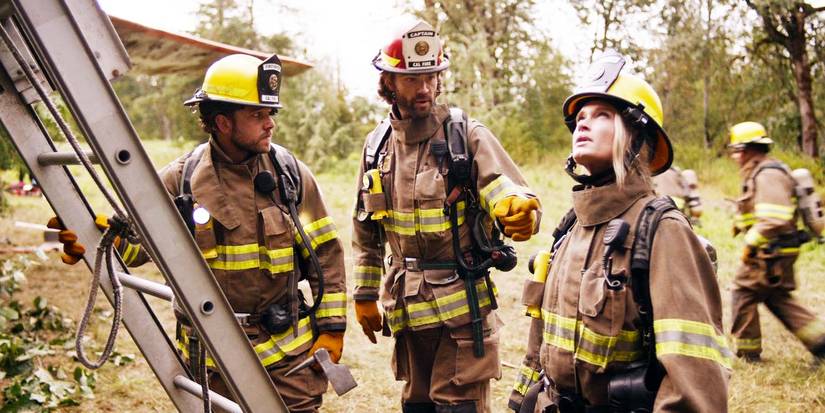 Max Thieriot as Bode Leone, Jared Padalecki as Camden Casey and Leven Rambin as Audrey James in Fire Country season 3 episode 5
