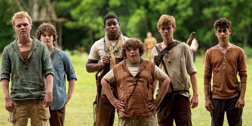 The Maze Runner boys standing in the Glade