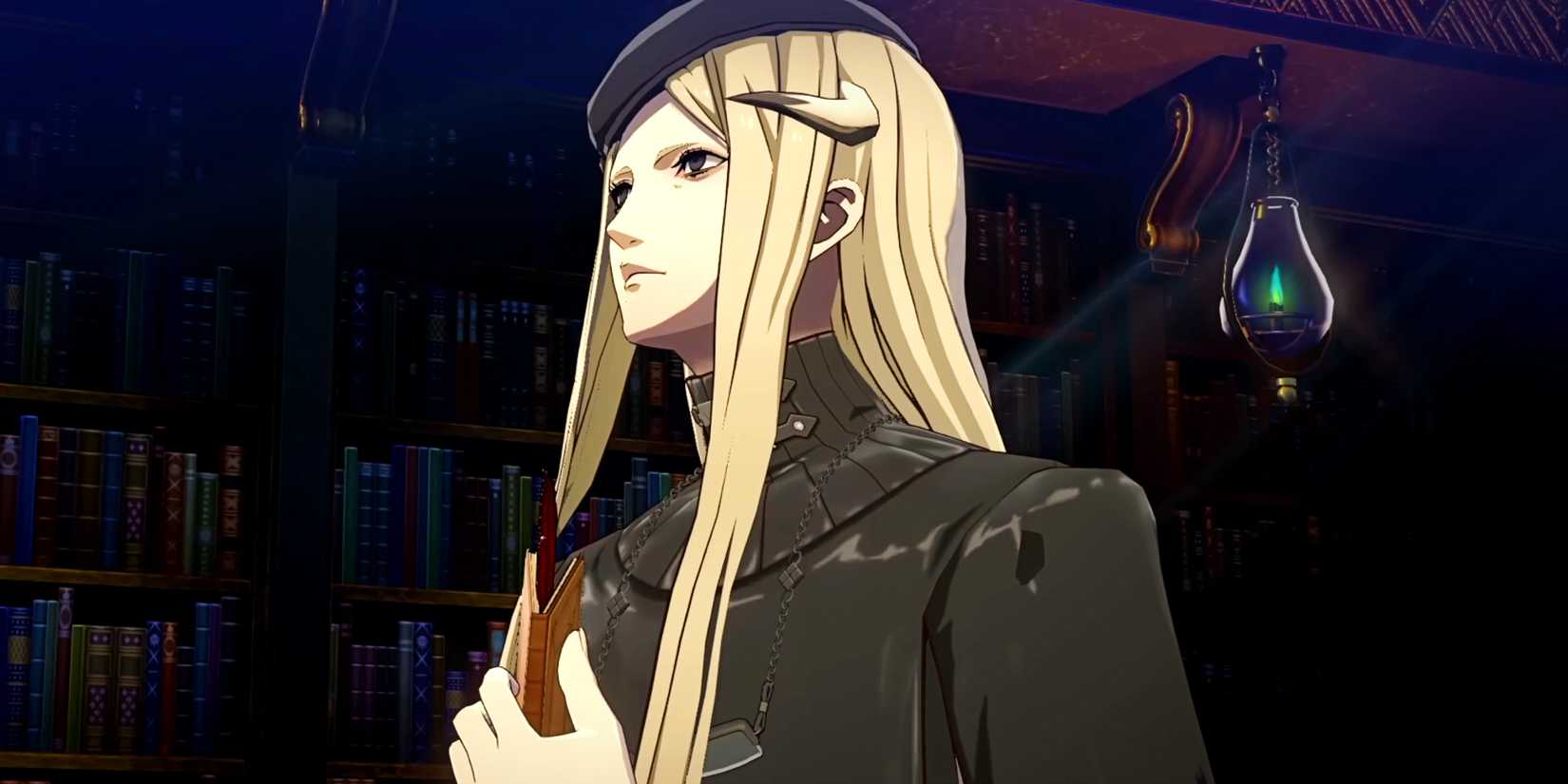 Metaphor details: ReFantazio, standing in the library, holding a book.