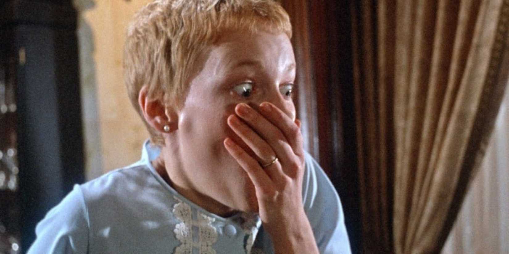 Mia Farrow looking horrified at the end of Rosemary's Baby