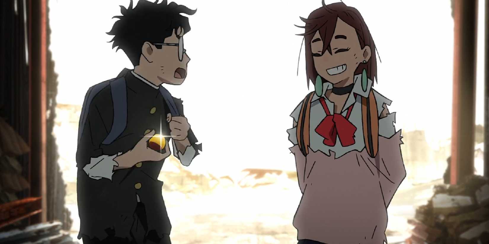 Momo and Okarun talking to each and smiling