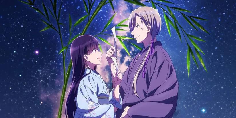 Miyo Saimori and Kiyoka Kudou standing together holding a marriage wrap with a background of bamboo and stars
