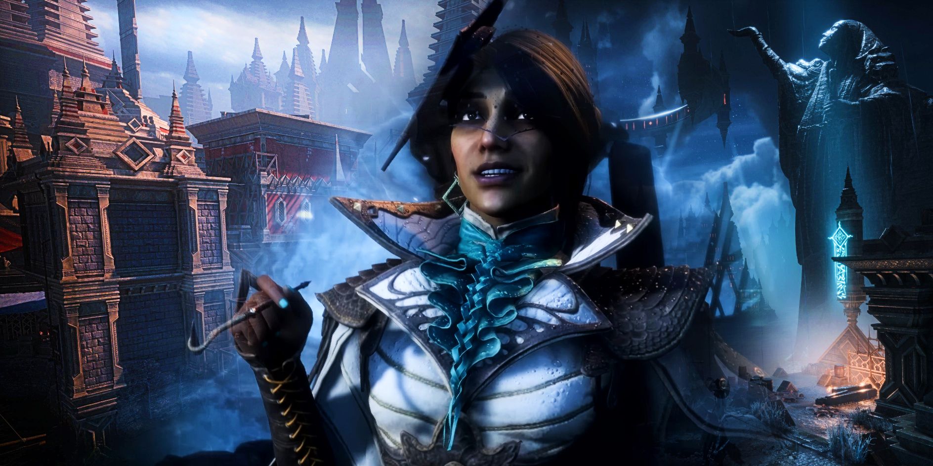 Neve in front of backgrounds depicting Dock Town and Treviso in Dragon Age The Veilguard.