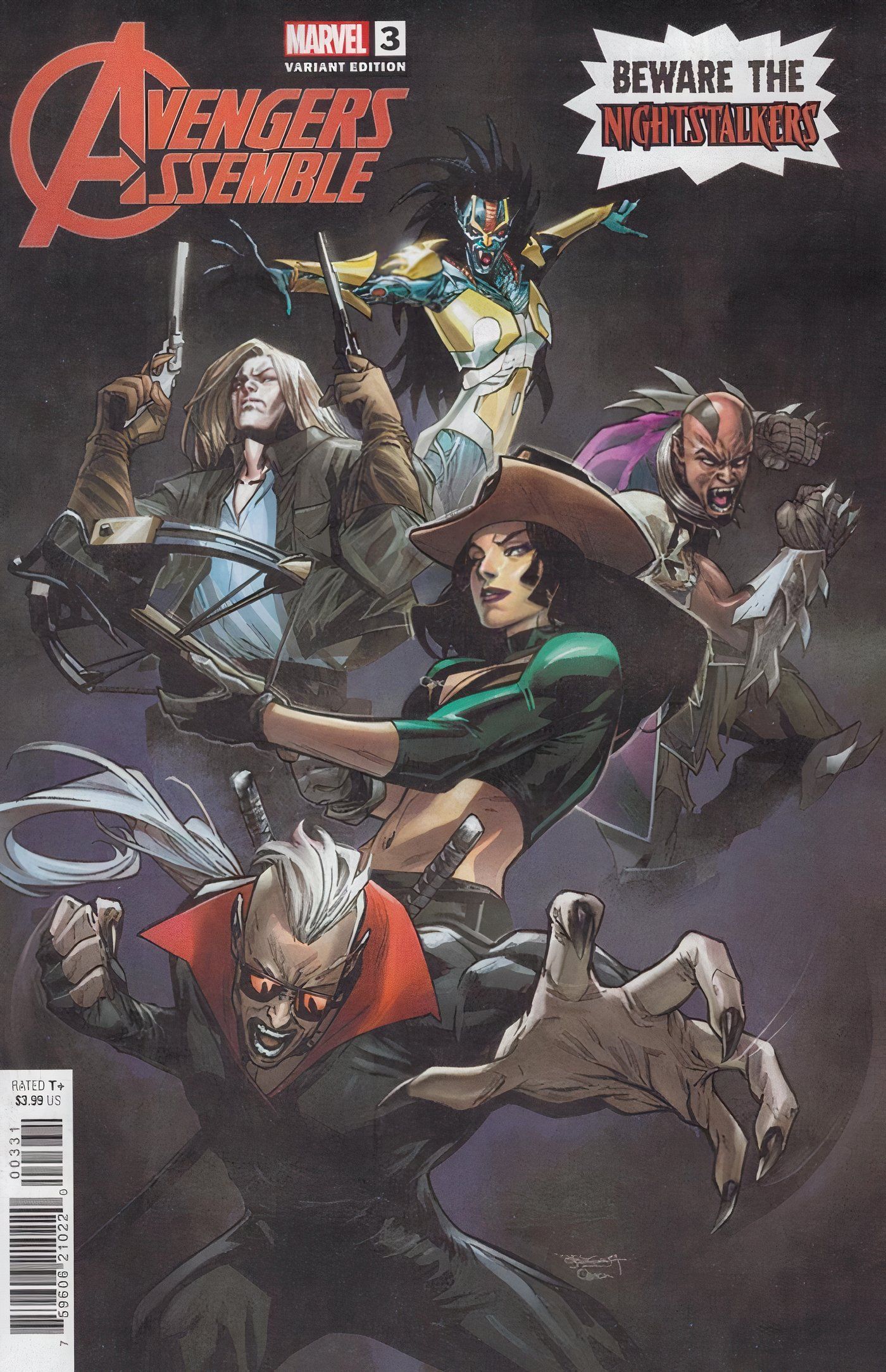 O grupo de caçadores de vampiros Nightstalkers em uma capa variante do Avengers Assemble #3