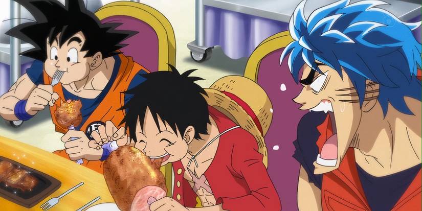 Luffy, Goku, and Toriko eating together