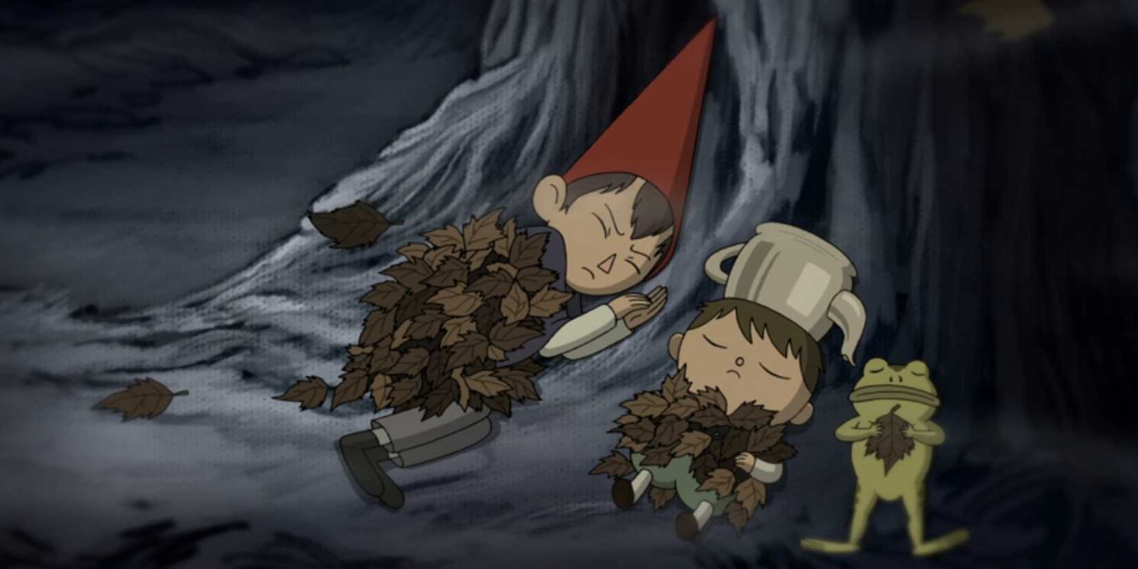 Wirt, Greg, and the Frog sleep with blankets made of leaves in Over the Garden Wall