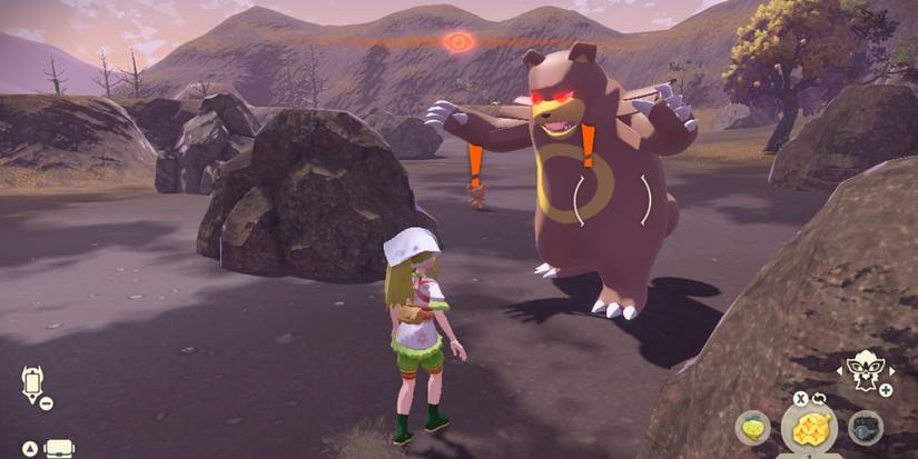 An attacking Alpha Ursaring and fleeing Teddiursa at Ursa's Ring in Pokémon Legends: Arceus' Crimson Mirelands.