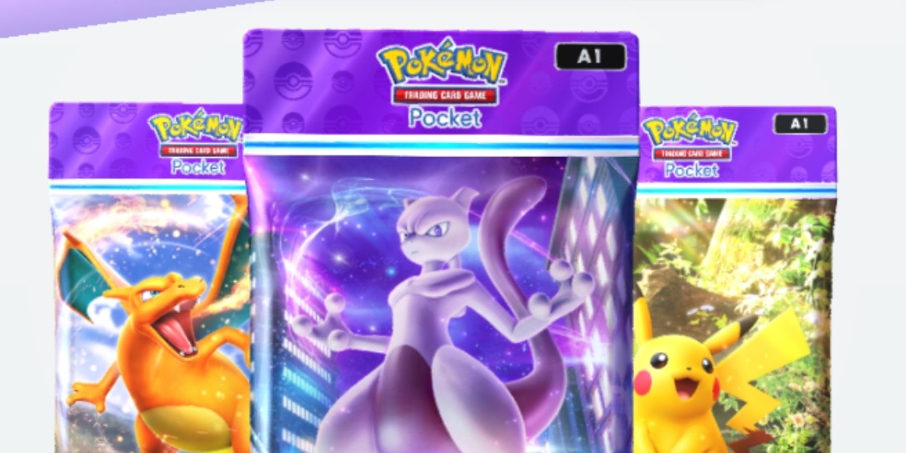 Os três pacotes Genetic Apex Booster para Pokémon TCG Pocket, Mewtwo, Charizard e Pikachu